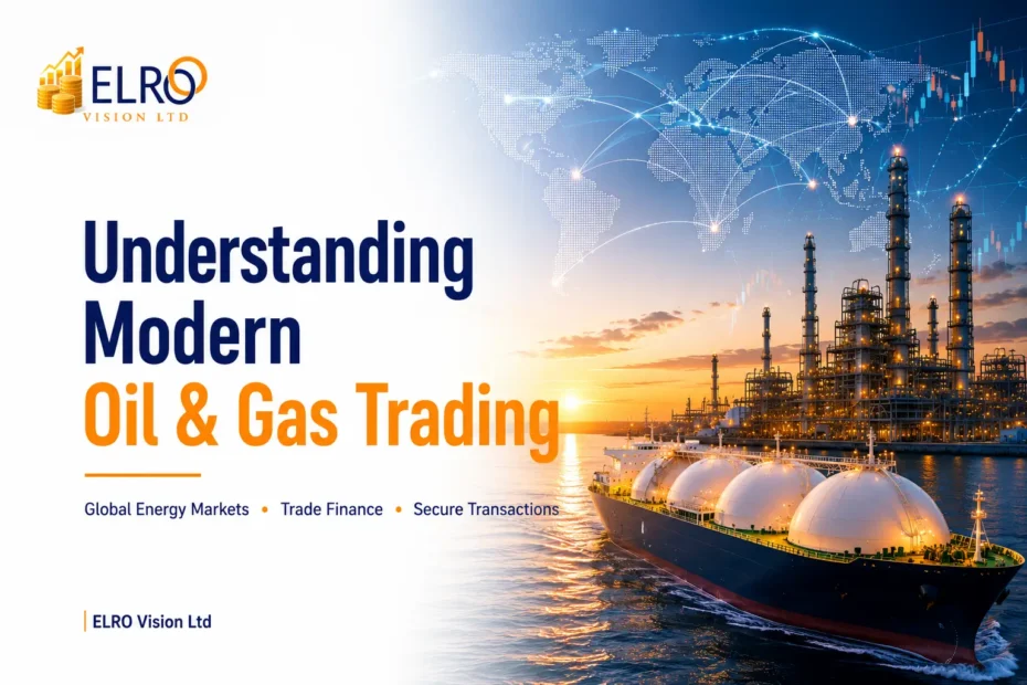 Modern oil and gas trading with LNG carrier, refinery, and global trade network