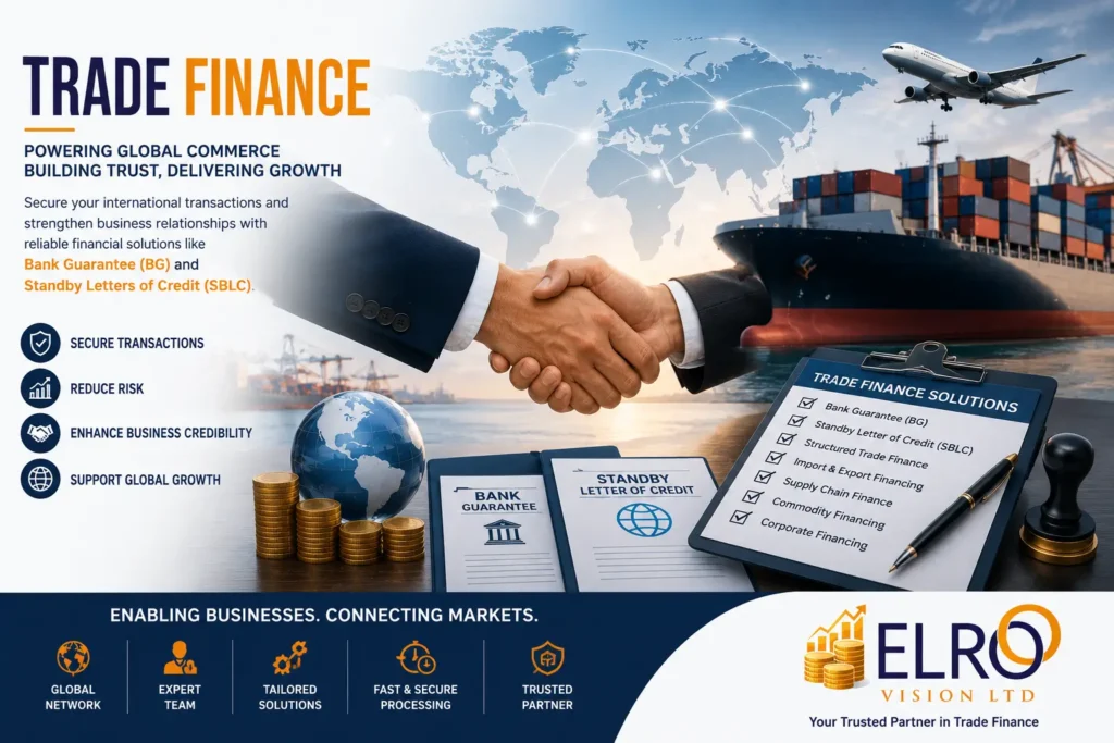 Global trade finance illustration featuring cargo shipping containers, cargo ship, airplane, world globe, financial charts, and business analytics representing international commerce, import-export operations, and secure trade finance solutions by Elro Vision Ltd.
