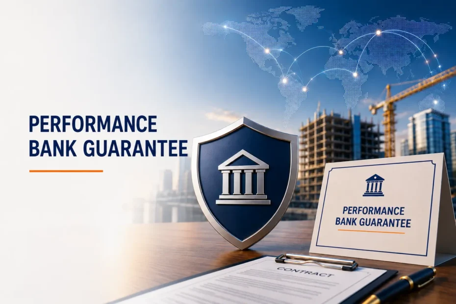 Modern illustration of a Performance Bank Guarantee with a contract, security shield, and global banking network, representing financial protection, contractual assurance, and international trade.