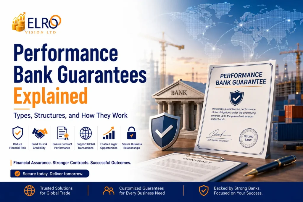 Performance Bank Guarantee concept featuring a contract, security shield, and global banking network.